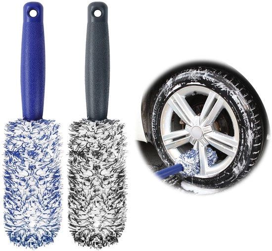 Set di Spazzole per Ruote Professionali a Microfibra - 30 Cm - Manubrio Antiscivolo - Softero/Krasresistente - Set a 2 Pezzi - Alta Assorbimento - Spazzola Autoreinente per Autoveicoli