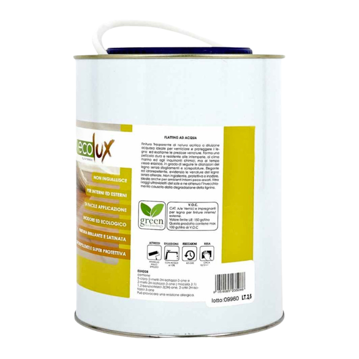 Ecolux flatting ad acqua vernice satinata per legno trasparente *** formato 2.5 lt, confezione 1