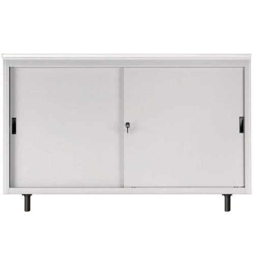 Armadio basso da ufficio con top in melaminico e ante scorrevoli in metallo cm. 150x45x99H