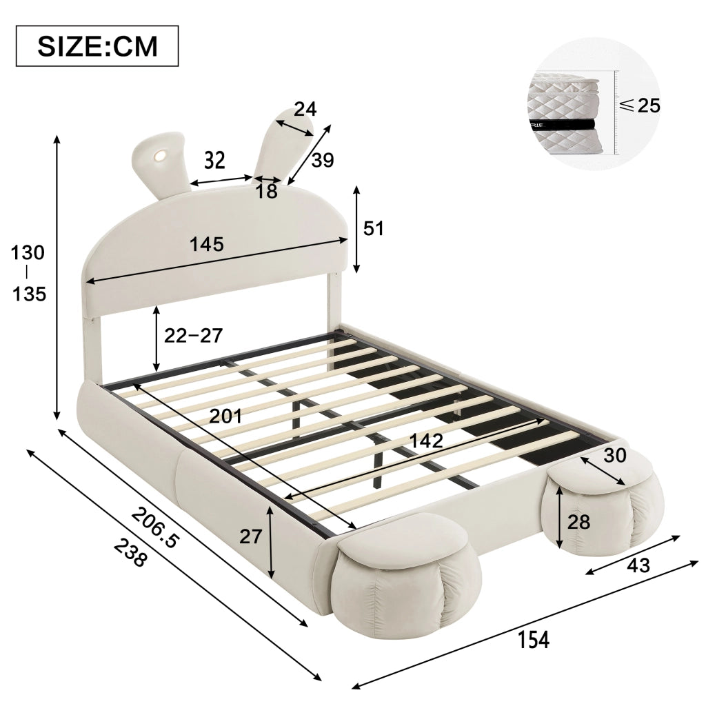 Letto contenitore 140 × 200 cm idraulico imbottito in velluto beige con LED regolabile e due pouf contenitore