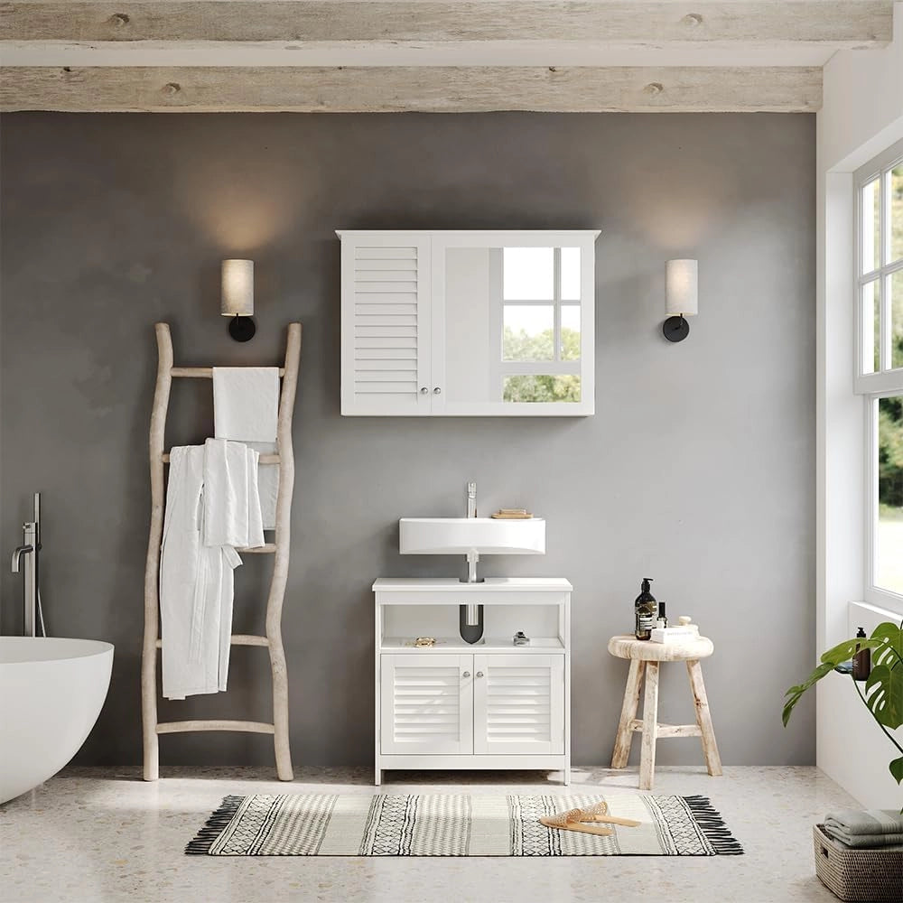 Set di mobili da bagno Riad, Bianco, 60 cm, composto da specchio da bagno e mobile sottolavabo