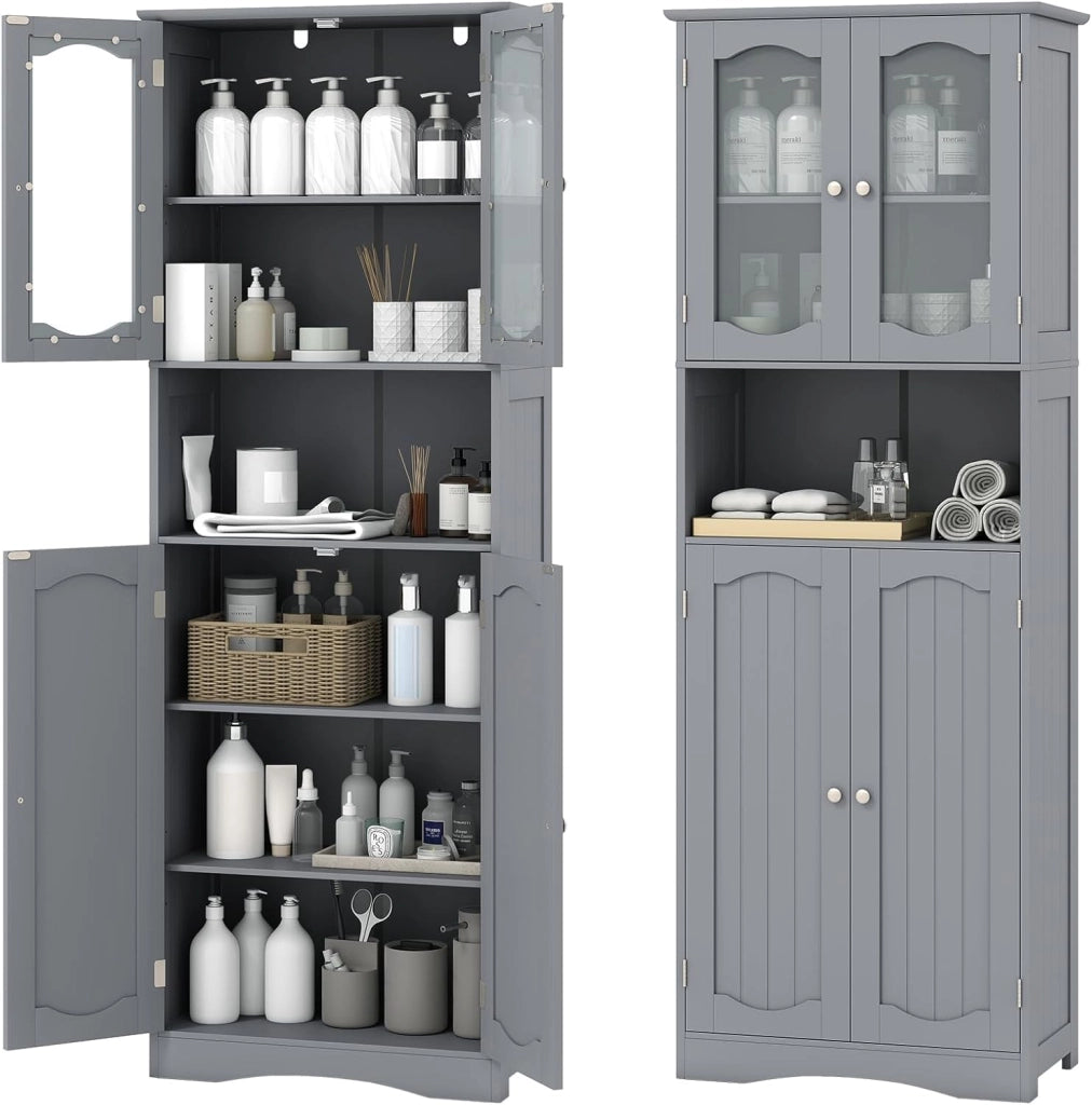 Armadio Alto da Bagno con Ante in Vetro Temperato, Ripiani Regolabili, Kit Anti-Ribaltamento, per Bagno, Soggiorno, Sala da Pranzo e Cucina, 60x30x164 cm (Bianco)