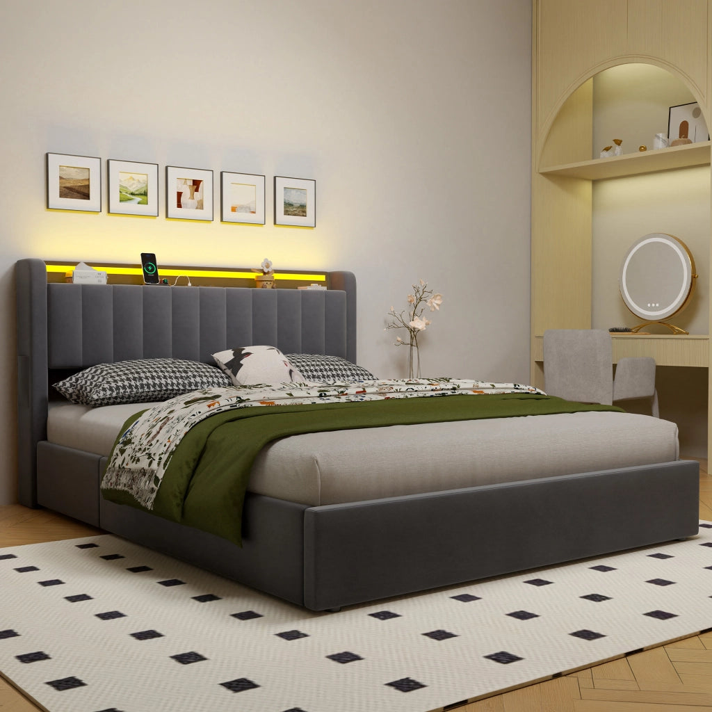 LETTO Imbottito 160 x 200 cm Grigio Scuro con Contenitore, USB e LED