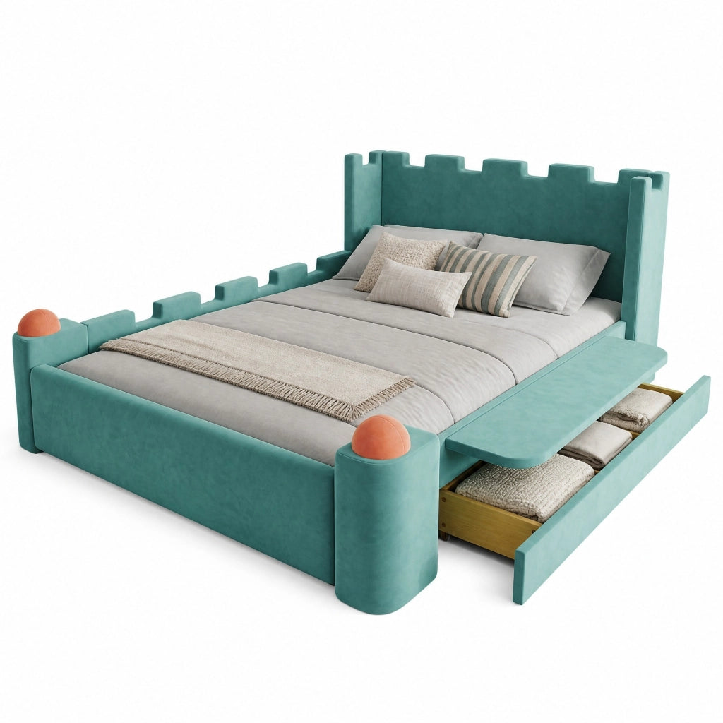 Letto per Bambini 140x200 cm; Matrimoniale con Ripiano pieghevole e Cassetto; Blu Verde