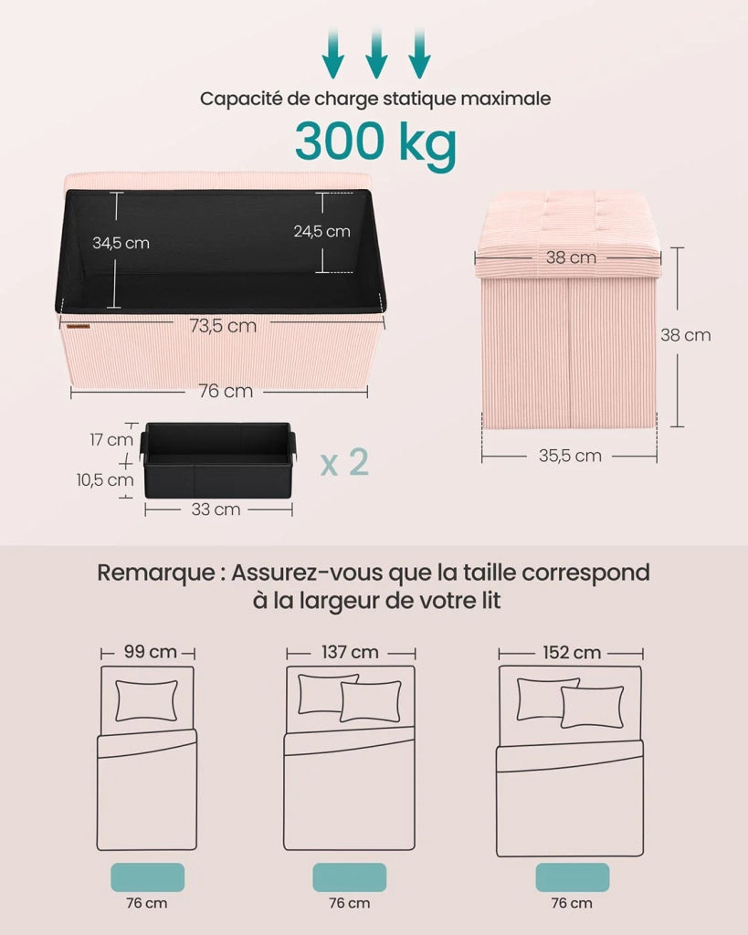 Panca/pouf contenitore pieghevole 38 x 76 x 38 cm poggiapiedi/testa letto cassapanca contenitore portata fino a 300 kg per soggiorno camera da letto ingresso rosa 12_0004167