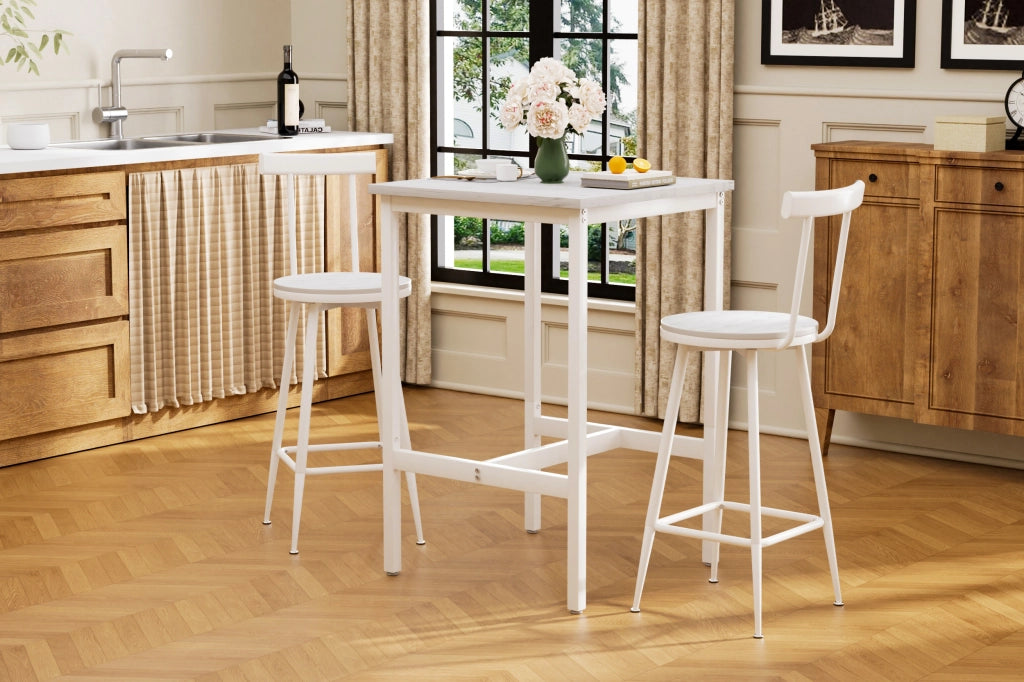Tavolo da bar con 2 sgabelli con schienale e anello di rinforzo, per cucina e soggiorno, bianco, 60 × 60 × 92 cm