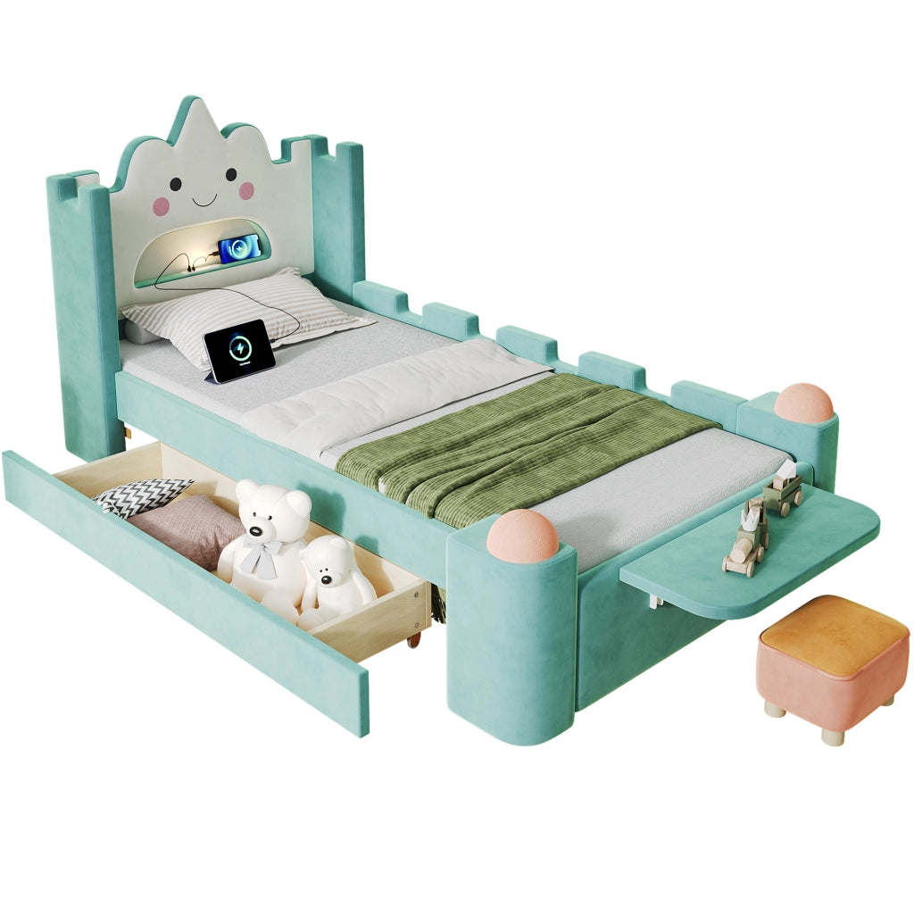 Letto imbottito 90x200 cm con lampada LED; USB e cassetto in velluto blu-verde