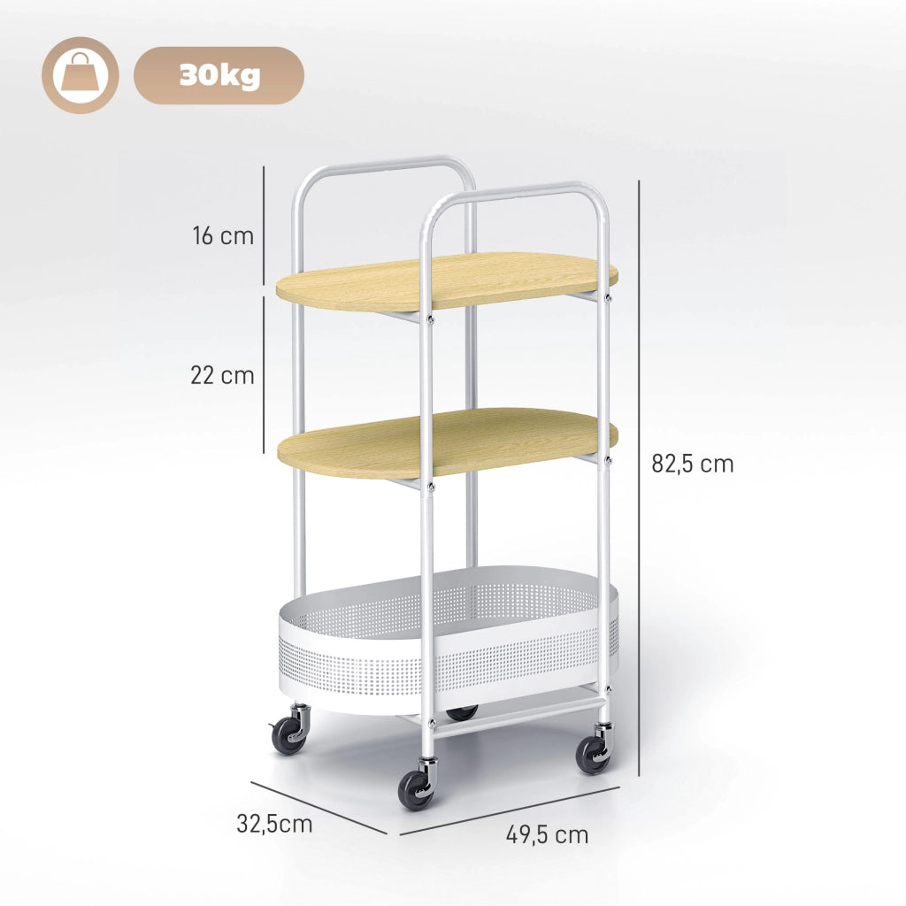 Tavolino con ruote e cestino ¨C zephmum ¨C bianco e legno naturale 49.5x32.5x82.5 cm