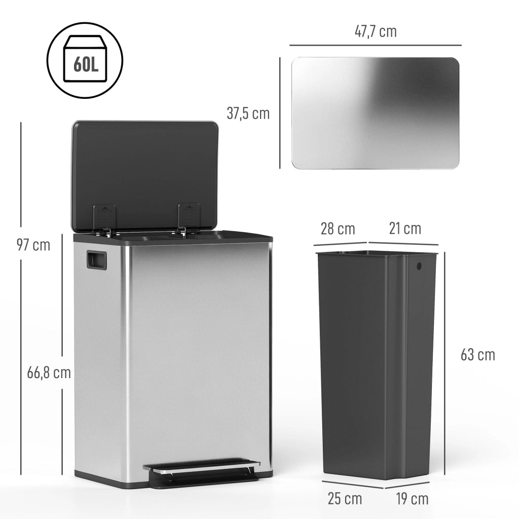 Bidone 2 Compartimenti 60L con Pedale ¨C Zephmum ¨C Acciaio Inossidabile 43x35x75cm