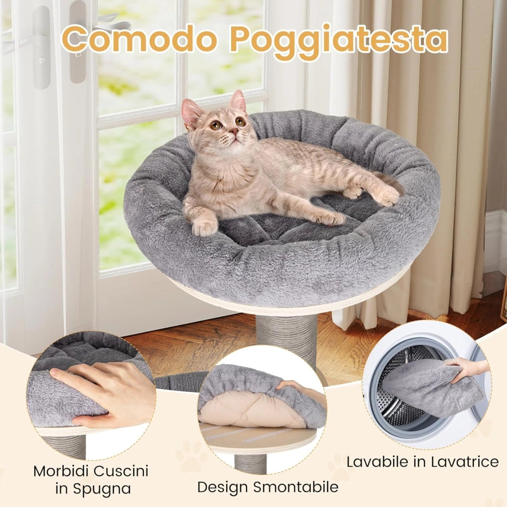 Albero per Gatti Alto 197 cm, Tiragraffi per Gatti con Comodo Trespolo Imbottito Superiore, Condominio Privato per Gatti, Materassini Staccabili, Pali per Graffiare e Amaca Confortevole