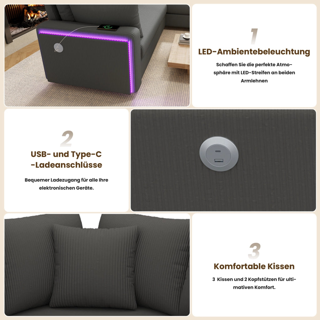 Divano angolare L 198x198 cm in corduroy grigio con LED; USB e USB-C