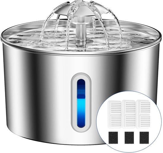 Fonte per Gatti in Acciaio Inox, 2,2L, Fonte Silenziosa per Gatti, Facile da Pulire, Fonte per Gatti con Sistema di Filtrazione Quadruplo & Illuminazione a LED, con 3 Filtri a Carbone Attivo
