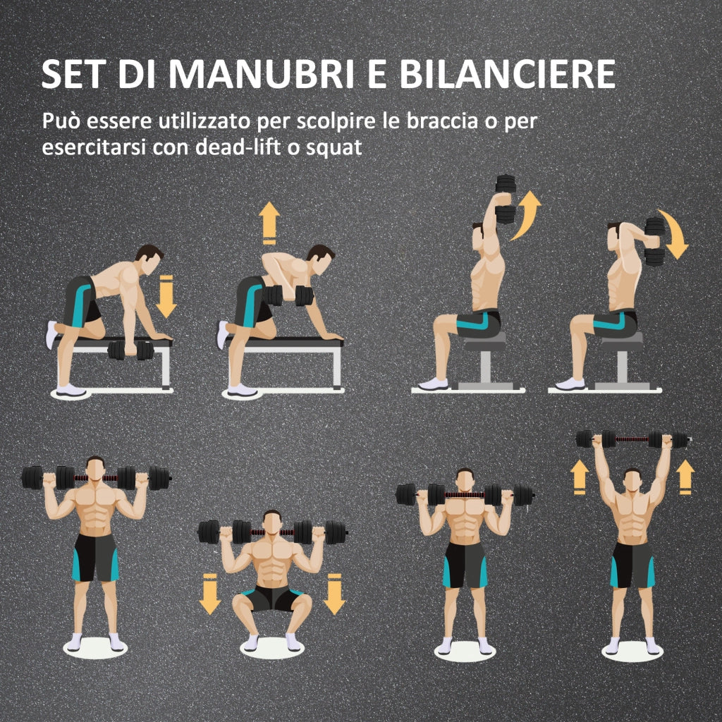 Set 2 Manubri Antiscivolo con 16 Dischi Pesi da 30 kg  totali e Connettore in Acciaio HDPE e Sabbia Nero