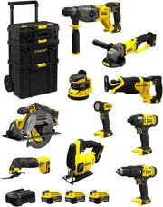 STANLEY FatMax Kit SVK1001 (SFMCH900 + SFMCG400 + SFMCD711 + SFMCF800 + SFMCS500 + SFMCS600 + SFMCW220 + SFMCS300 + SFMCE500 + SFMCL020 + 3 Batterie 4,0 Ah + Caricabatteria + Caddy 3in1)