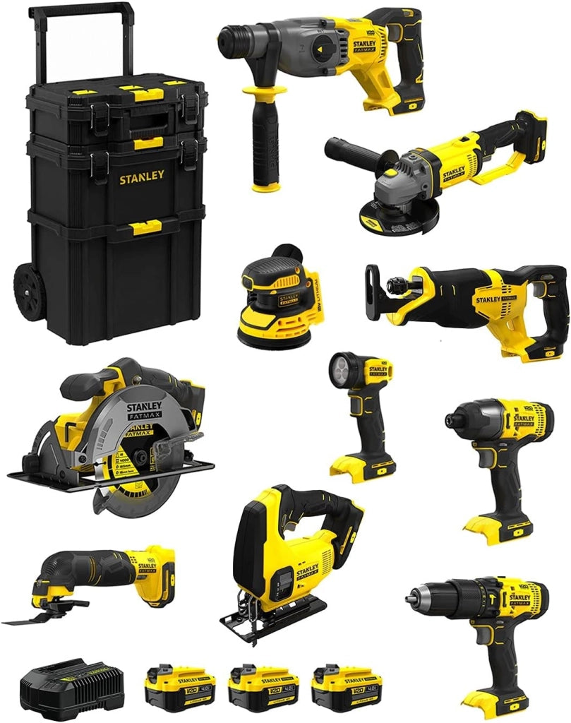 STANLEY FatMax Kit SVK1001 (SFMCH900 + SFMCG400 + SFMCD711 + SFMCF800 + SFMCS500 + SFMCS600 + SFMCW220 + SFMCS300 + SFMCE500 + SFMCL020 + 3 Batterie 4,0 Ah + Caricabatteria + Caddy 3in1)