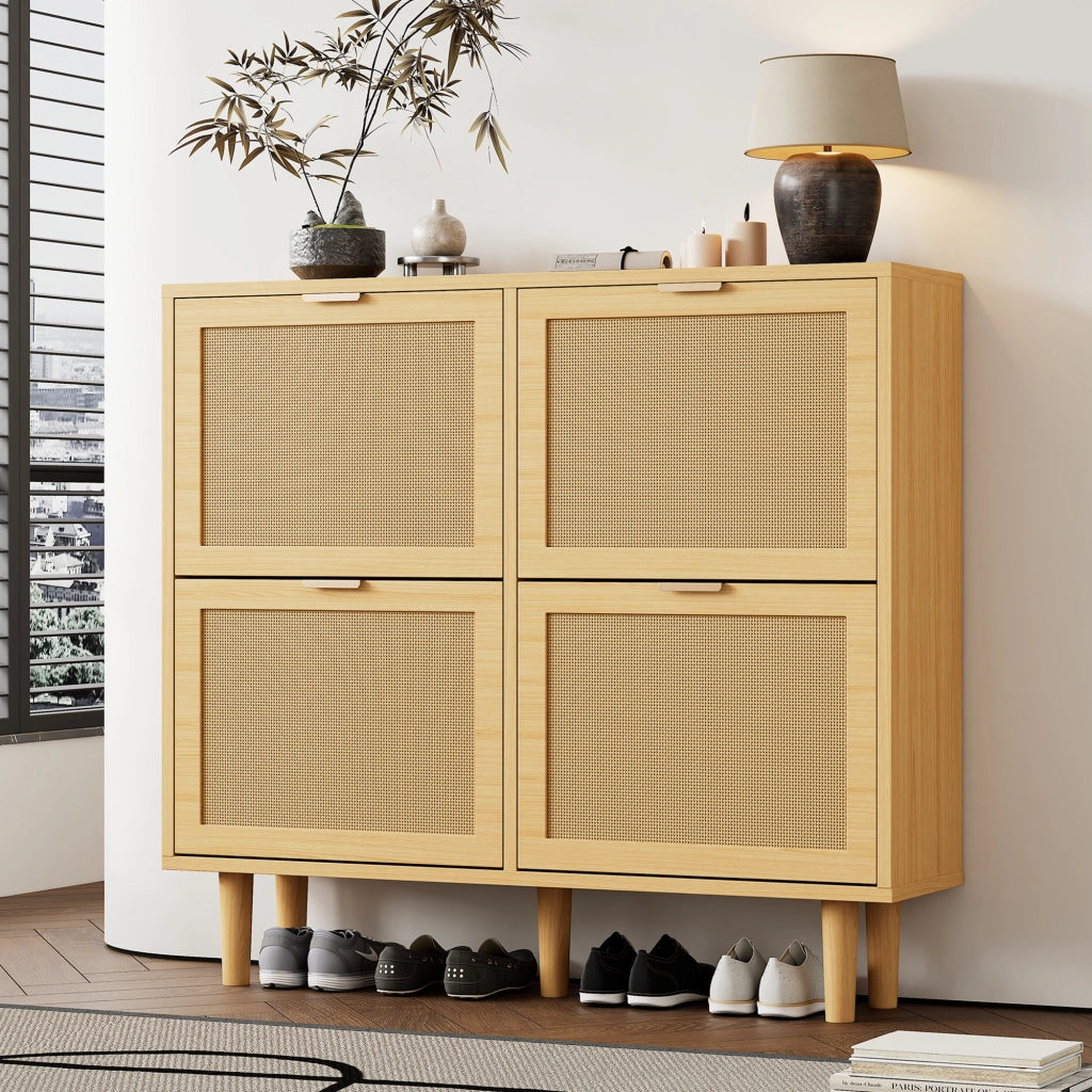 Scarpiera salvaspazio con 4 ante ribaltabili, design in rattan e finitura effetto rovere, 100 x 25 x 90 cm