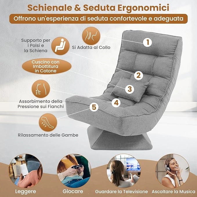 Chaise longue da Pavimento Pieghevole, Sedia da Gioco da Pavimento con Schienale Regolabile in 5 Posizioni, Divano Reclinabile da Interno (Grigio)