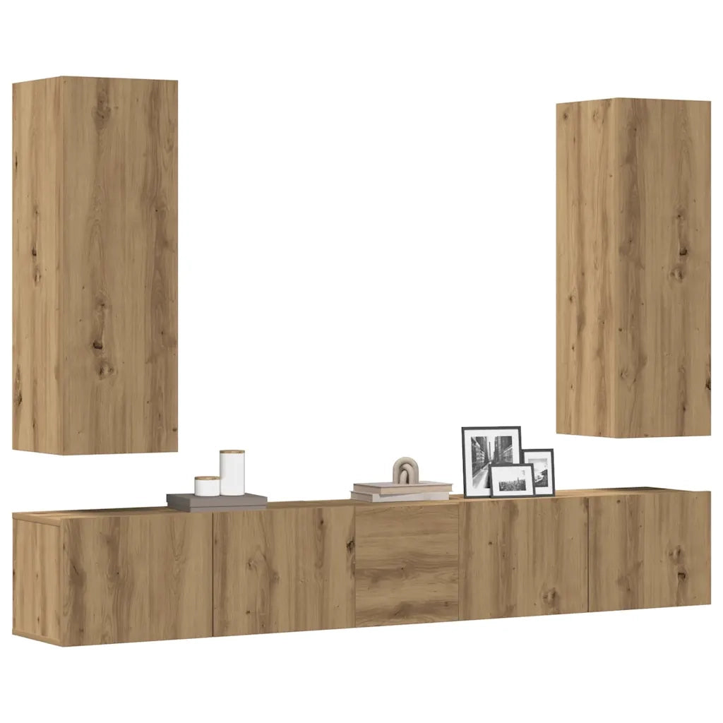 Set Mobile TV 5 pz Montato a Parete Rovere in Legno Multistrato 3329194