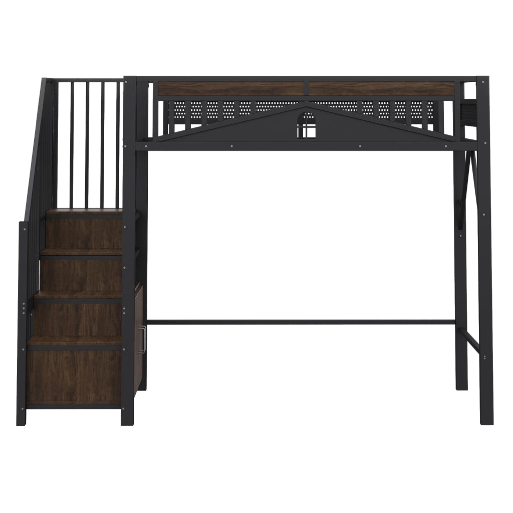 Letto a soppalco in metallo 90x200 cm con scale portaoggetti e armadietto; nero