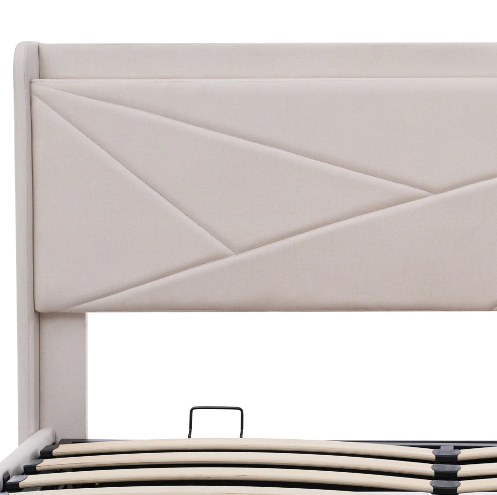 Letto matrimoniale contenitore 180x200 cm in cotone e lino con USB e USB-C beige HAVRYA