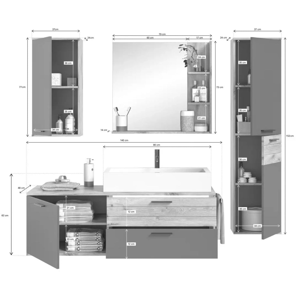 Set da bagno: mobile sotto lavabo + colonna di stoccaggio + mezza colonna + specchio – Grigio antracite e rovere chiaro –