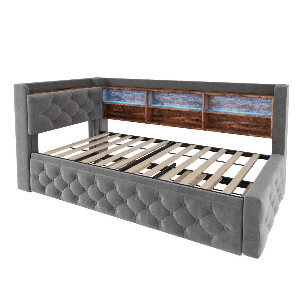 Divano letto 90x190 cm estraibile con LED; USB e Type-C in velluto grigio scuro