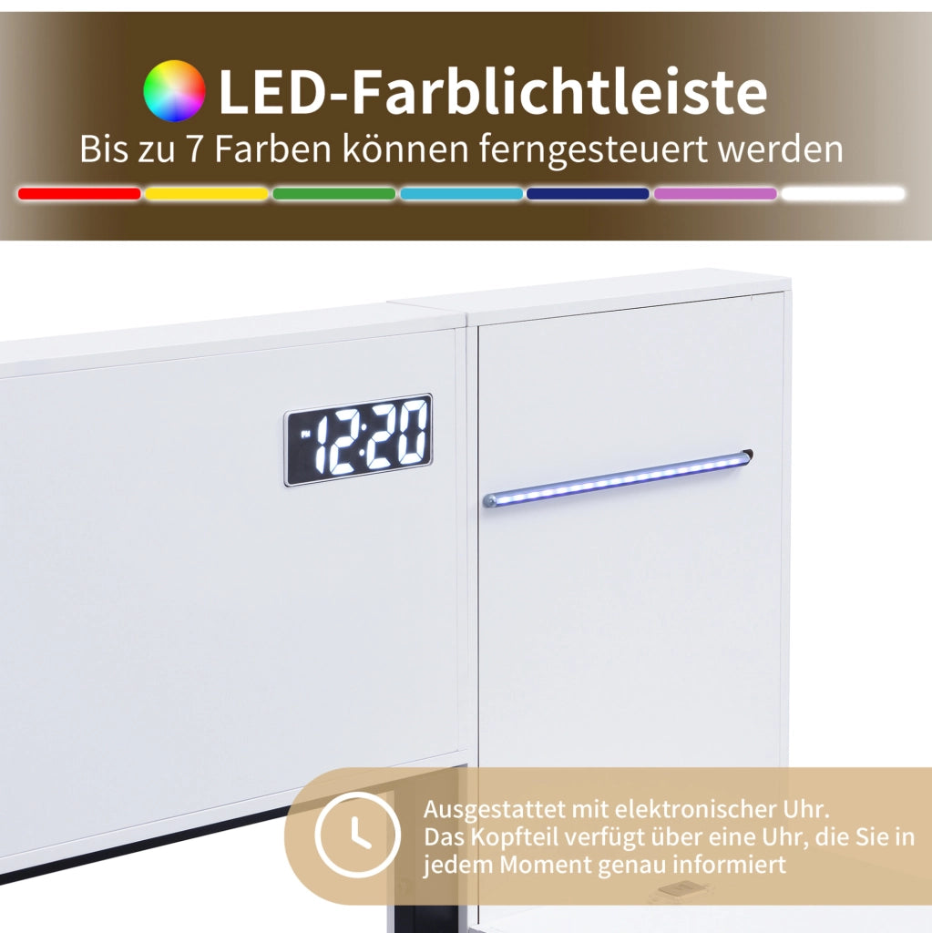 Letto matrimoniale 160x200 cm in MDF con USB-A/USB-C; Bluetooth; orologio e luci; bianco