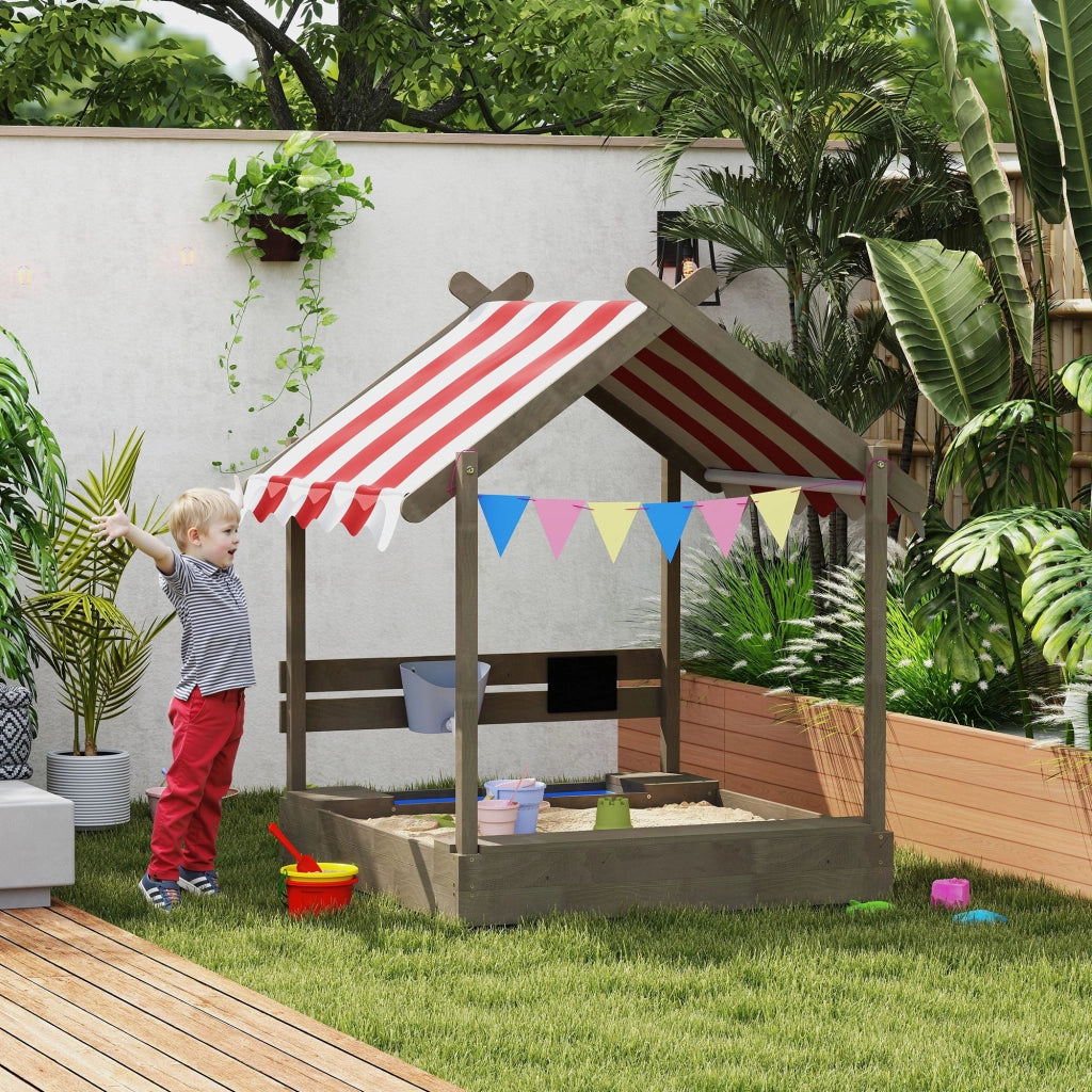 Casa di gioco per bambini con sabbiera e ombrellone ¨C zephmum ¨C 124x116x146 cm, legno massello, grigio