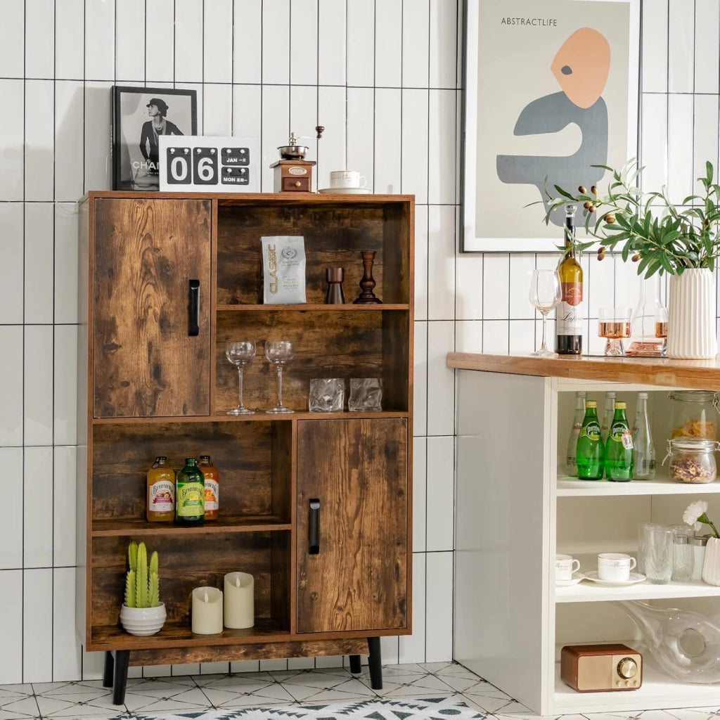 Libreria di Legno a 4 Livelli, Libreria con 2 Ante, 4 Mensole Aperte, Gambe in Legno di Gomma, Cuscinetti Antigraffio e Dispositivo Antiribaltamento, 80 x 24 x 119,5 cm (Caffè)