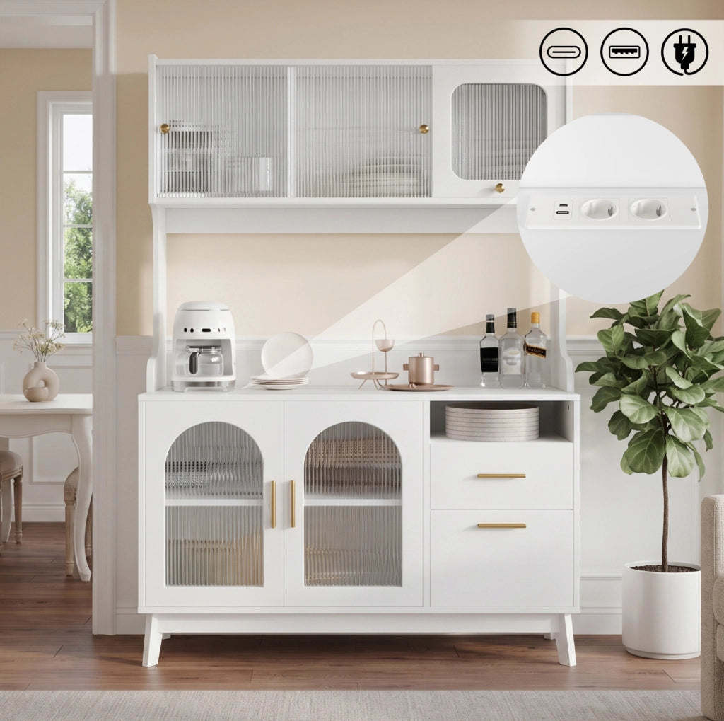 Credenza alta 120 x 40 x 178 cm con prese e USB, bianca