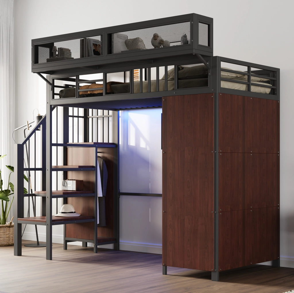 Letto a soppalco in metallo 90x200 cm con armadio; scala e LED; nero