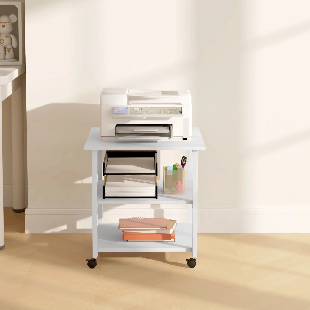Carrello Porta Stampante a 3 Ripiani con 4 Ruote 50x50x52,5 cm Legno e Acciaio Bianco