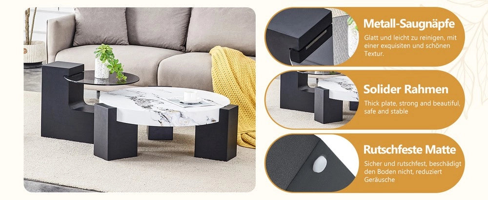 Tavolino Rotondo da Salotto ¨C MINIMAL ¨C Vetro Temperato Trasparente, MDF Nero, Effetto Marmo Bianco