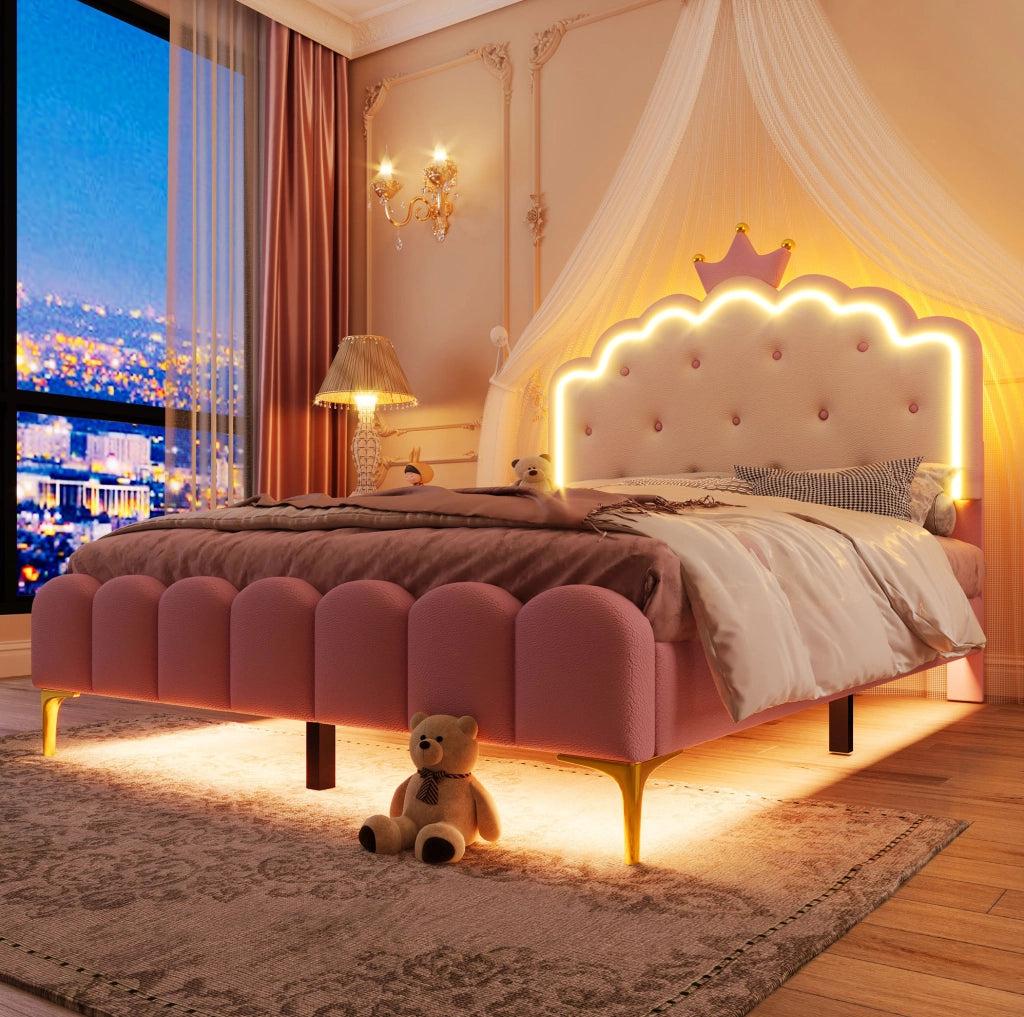 Letto per bambini a forma di corona, 140x200 cm, con rete a doghe, luci LED e struttura in PU rosa