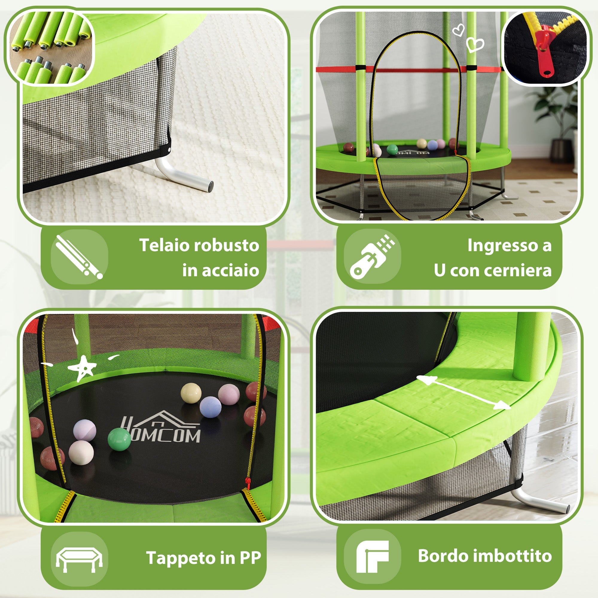 Tappeto Elastico per Bambini 3-6 Anni Ø140x190 cm con Rete di Protezione Verde e Nero
