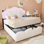 DESMIU Letto contenitore 140 × 200 cm 2 posti con LED, prese e vani testiera, senza materasso, beige