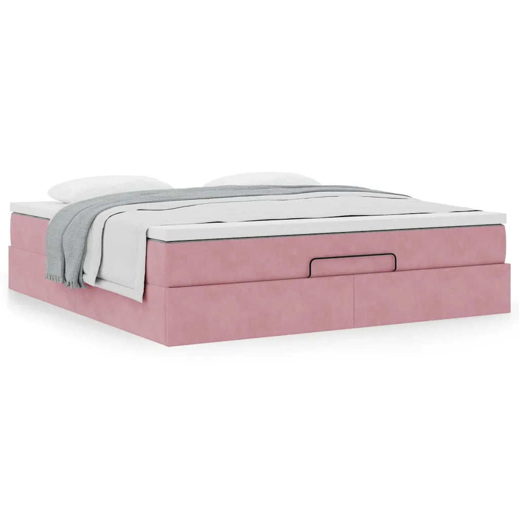 Struttura Letto Pouf con Materasso Rosa 160x200 cm in Velluto 3311200