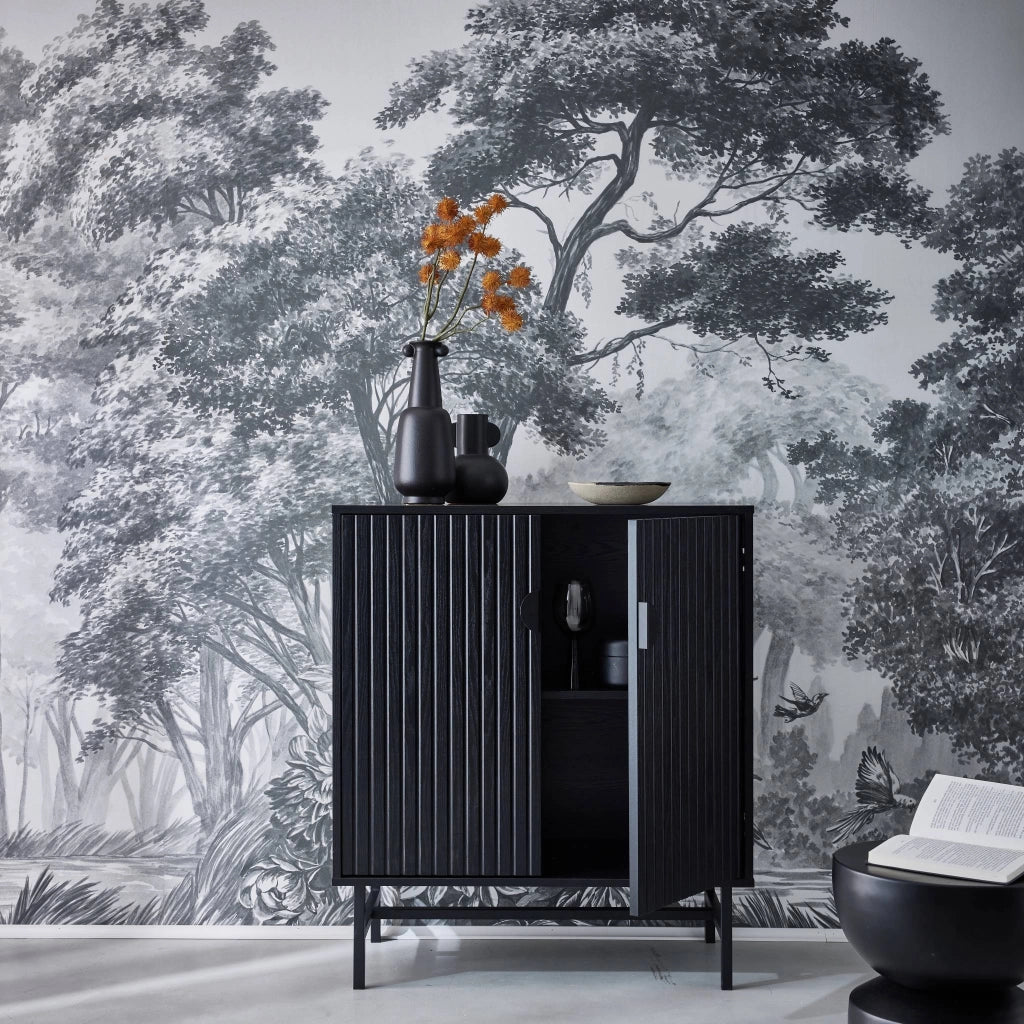 Credenza effetto legno con scanalature nere 2 ante, 80cm, nero