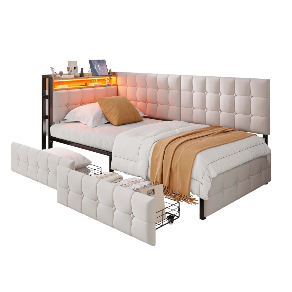 OKWISH Letto Divano 90×200 cm, Letto Singolo con 2 Cassetti, LED Regolabile e USB e Tipo C, senza Materasso, in Tessuto, Beige