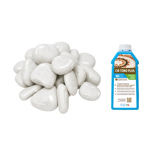 Ciottoli bianco carrara con protettivo effetto bagnato brillante – cir tono plus *** misura 25/40, formato 5 kg + 1...