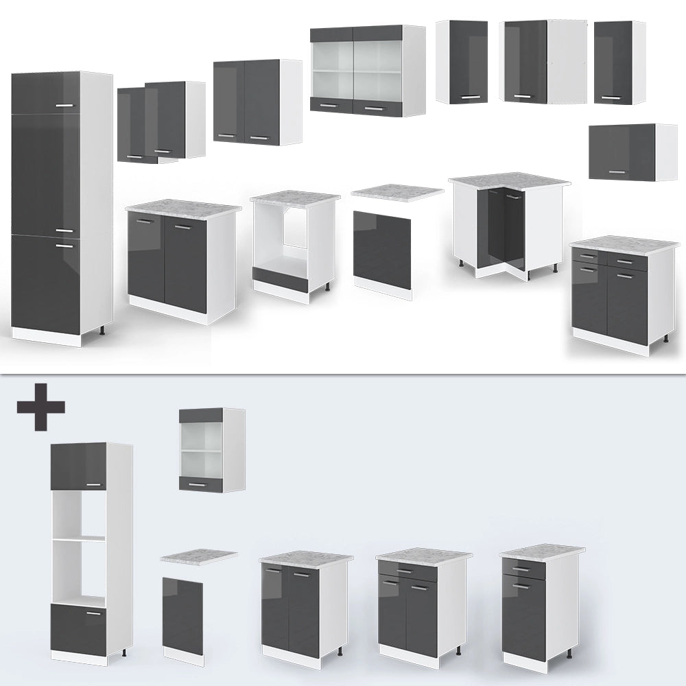 Cucina angolare completa R-Line Antracite lucido/Bianco 287 x 227 cm, PL Antracite Vicco