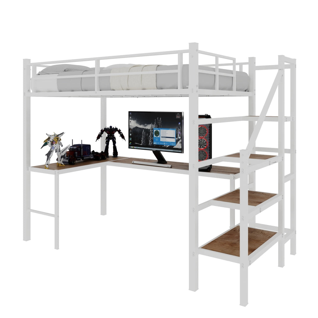 Letto a soppalco con scrivania a L, scala e parapetti, 90x190 cm