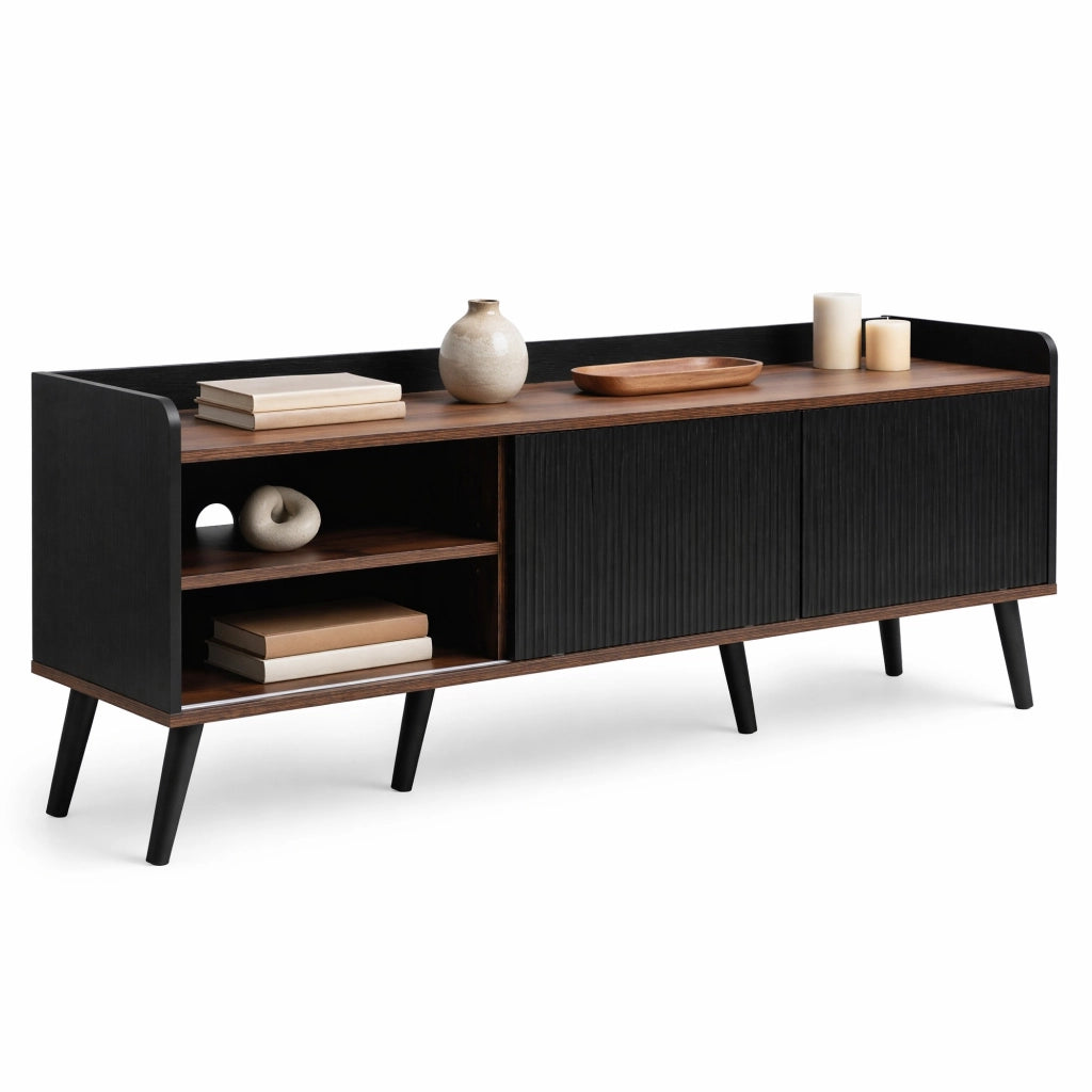 Mobile TV con 2 cassetti e 2 ante scorrevoli; 160x40x58 cm; nero e legno