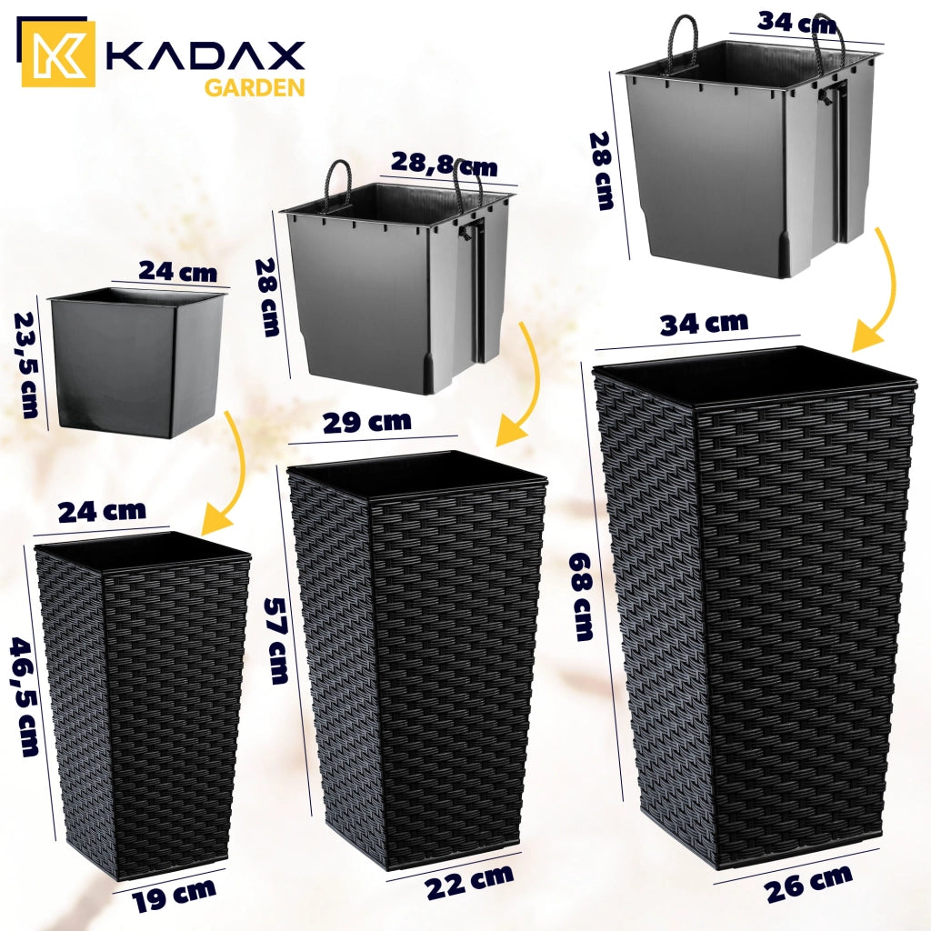 Set di 3 vasi da fiori KADAX, vasi da giardino + inserti, alti e grandi, neri, 47+57+68 cm