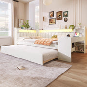 Letto imbottito 140x200 cm con letto estraibile; scrivania e LED in MDF; compensato; bianco