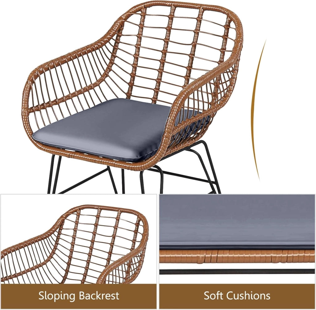 Set di Bistro di Conversazione per Patio, Set di Mobili in Rattan 3 Pezzi con Tavolo Rotondo & 2 Poltrone con Cuscini per Patio, Giardino, Terrazza, Balcone