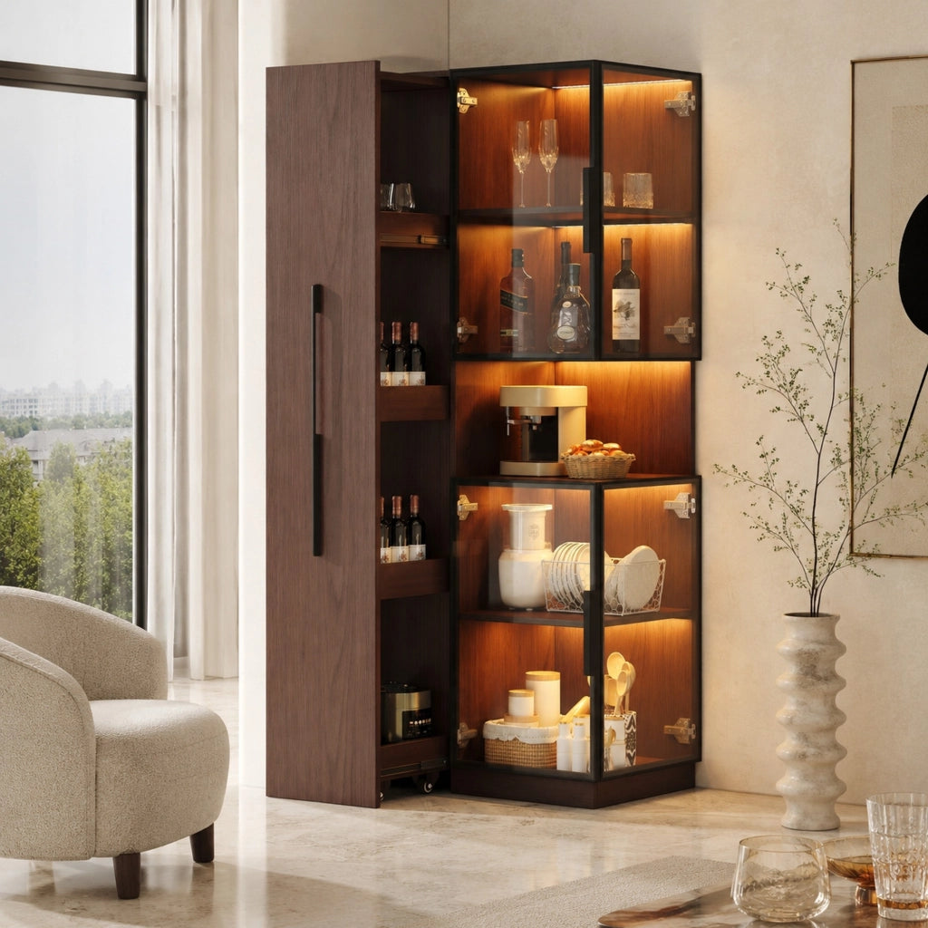 Vetrina con ripiani estraibili e LED 70x38x160 cm in MDF e vetro; marrone noce