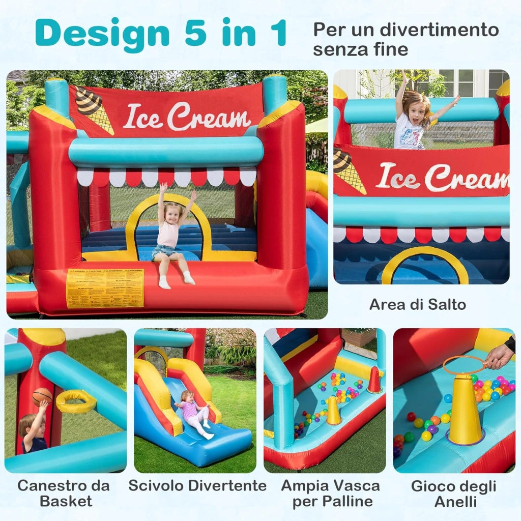 Castello Gonfiabile 5 in 1 per Bambini di Tema Gelato, Castello Gonfiabile con Scivolo, Canestro, Trampolino e Vasca, Gioco Gonfiabile con Anelli e Palline per Interno ed Esterno