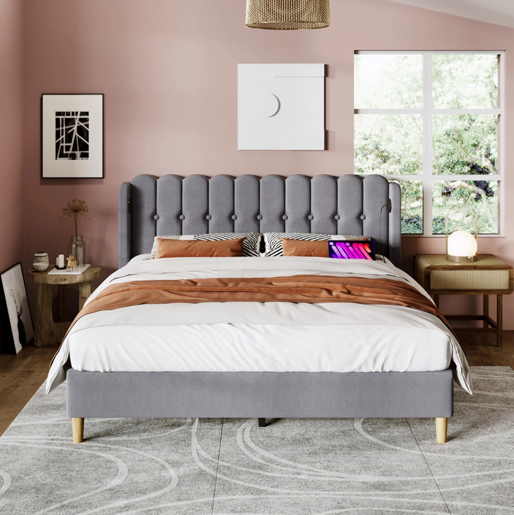 Letto matrimoniale imbottito grigio con USB-C 160 x 200 cm