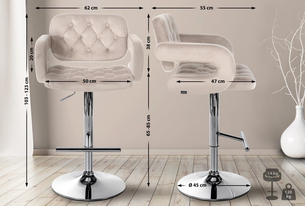 Sgabello da bar in velluto Dublin crema,Metallo in look cromato